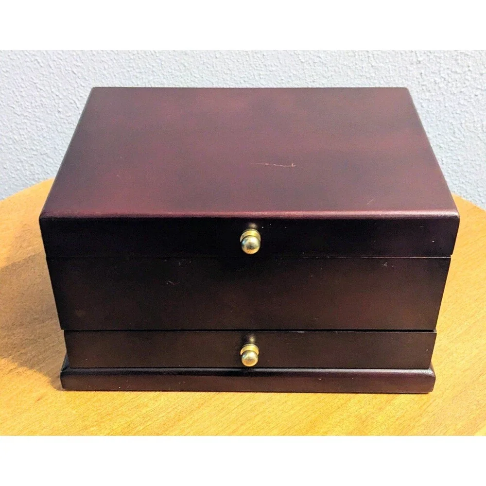 Wooden Jewelry Box Hinged Mirror Velvet Lined 2 Compartments Pull Out Drawer
